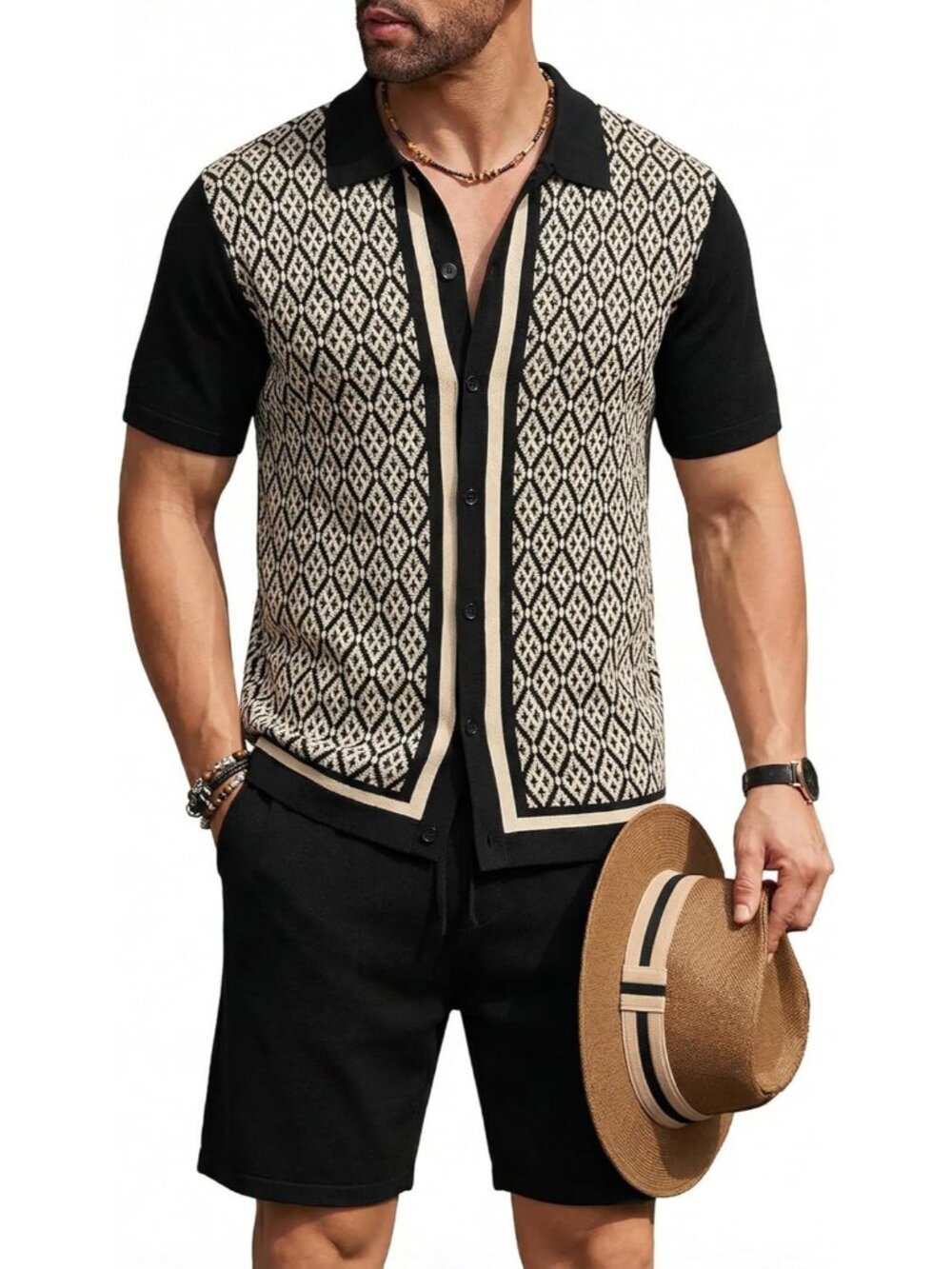 Coofandy Men's Black & Light Khaki Vintage Short Sleeve Button Down Polo Shirts